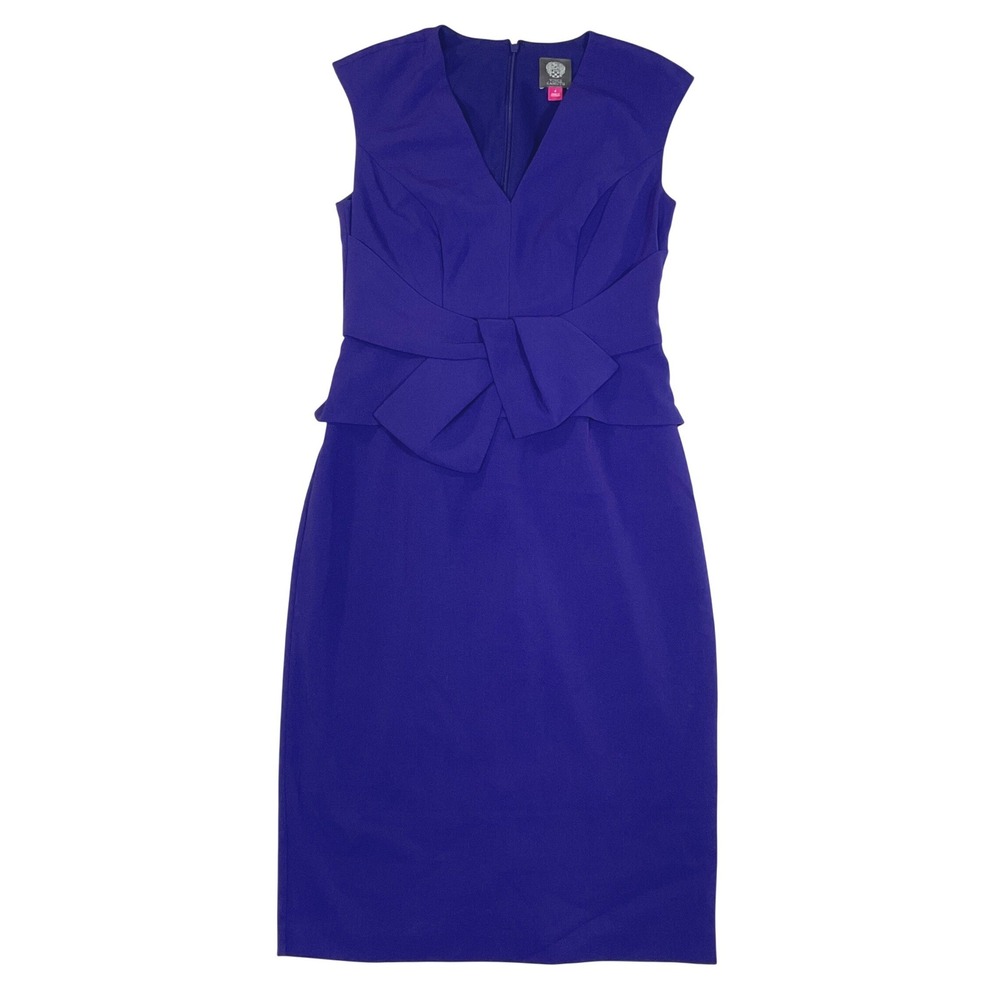 Vince Camuto Royal Blue V Neck Sleeveless Sheath Dress Bow Detail Midi Size 10